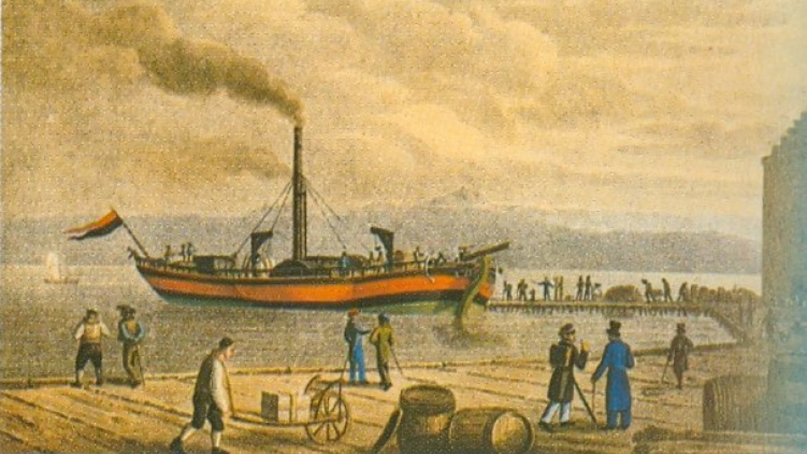 Gemälde des Dampfschiffs Wilhelm um 1825 im Hafen von Friedrichshafen.