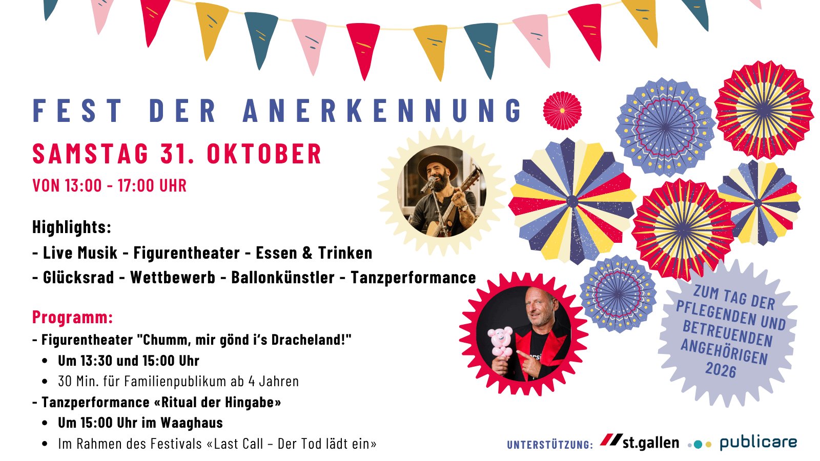 Veranstaltungsbanner „Fest der Anerkennung“ am Samstag, 31. Oktober, 13:00–17:00 Uhr zum Tag der pflegenden Angehörigen im und ums Haus Olé in St.Gallen. Programm: Live-Musik, Essen & Trinken, Glücksrad, Ballonkünstler, Figurentheater