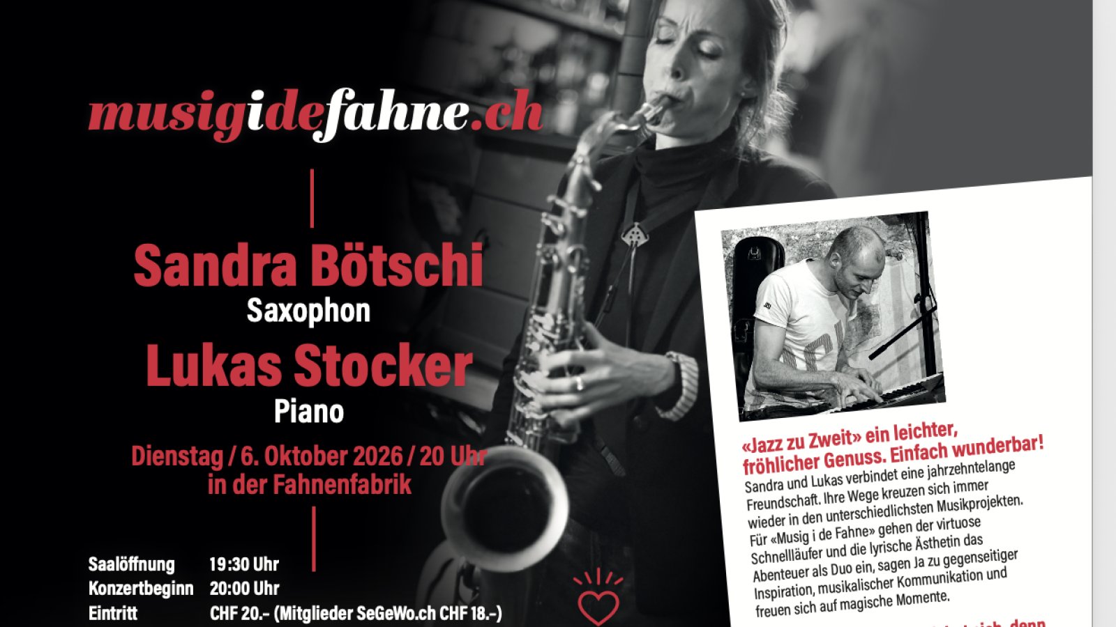 Jazz zu Zweit: Sandra Bötschi (Saxophon) Lukas Stocker (piano)