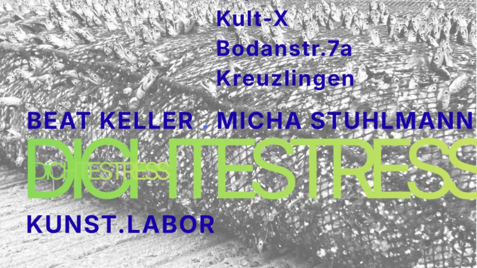 Plakat zu DICHTESTRESS mit Fischernetzen und Veranstaltungsangaben